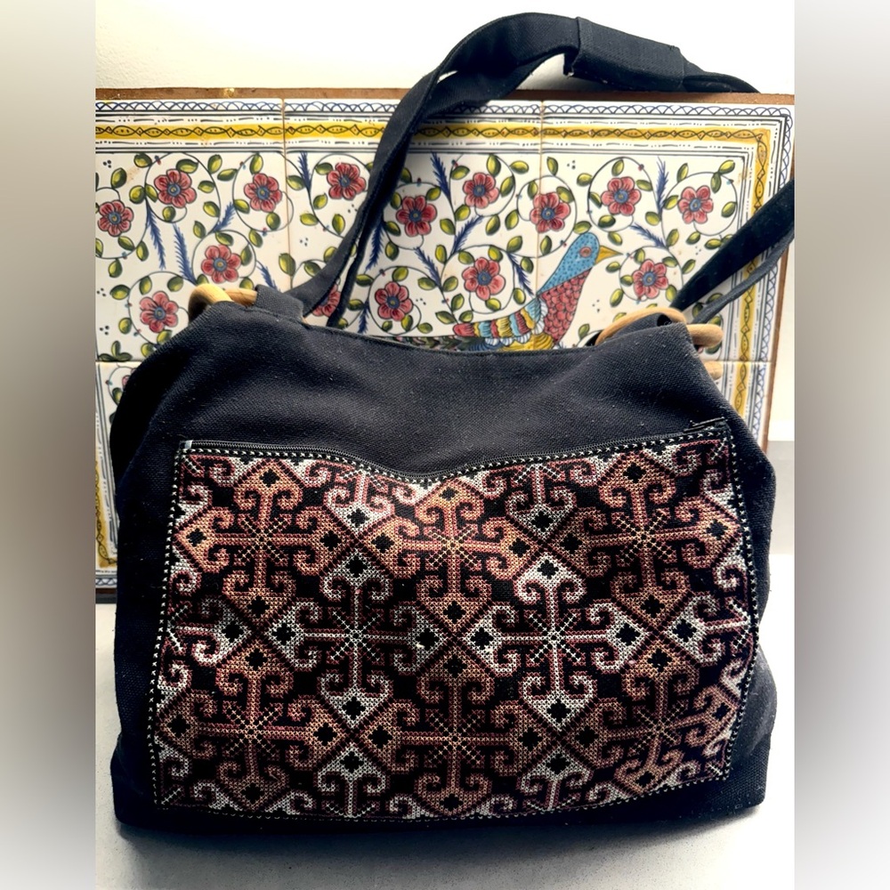 Thai Cross Stitch Embroidered Black Handbag